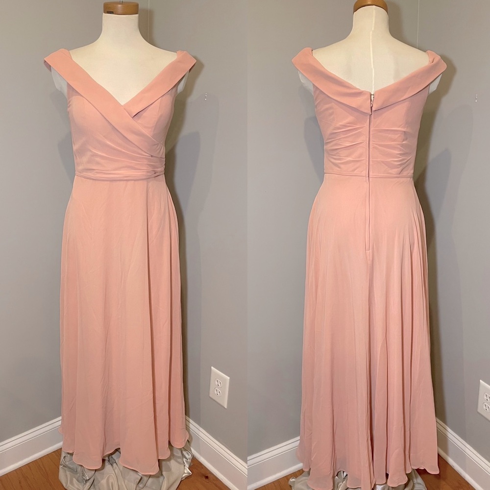 MORILEE Madeline Gardner Off Shoulder Tea Length Formal Dress PEACH / SIZE 8